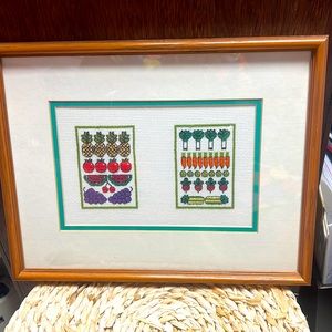 Kitchen Food Art Needlepoint  Framed Wall Hanging Kitchen Fruit Vegetable Decor